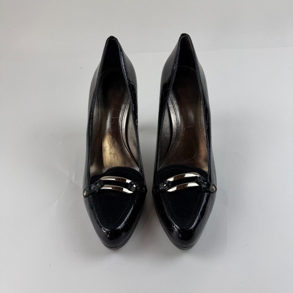 Ann Taylor Black Suede Leather Pumps 10M Women Gold Buckle Snake Embossed Heels